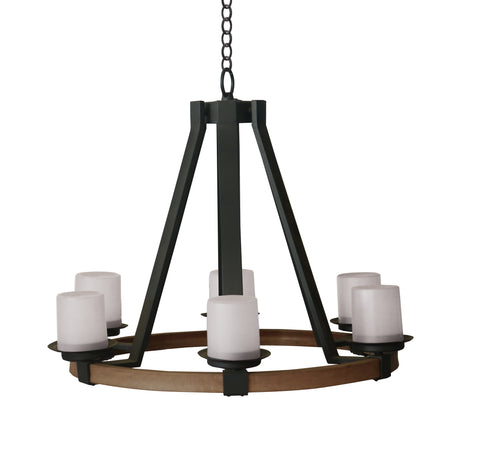 Coastshade Retro round LED chandelier on metal and wooden wheel ceiling, suitable for foyer and living room