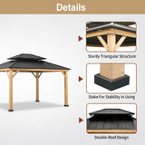 11'x13' Heavy Duty Outdoor Wood Gazebo With Brown Steel Hardtop Roof