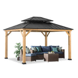 11'x13' Heavy Duty Outdoor Wood Gazebo With Brown Steel Hardtop Roof