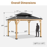 11'x13' Heavy Duty Outdoor Wood Gazebo With Brown Steel Hardtop Roof